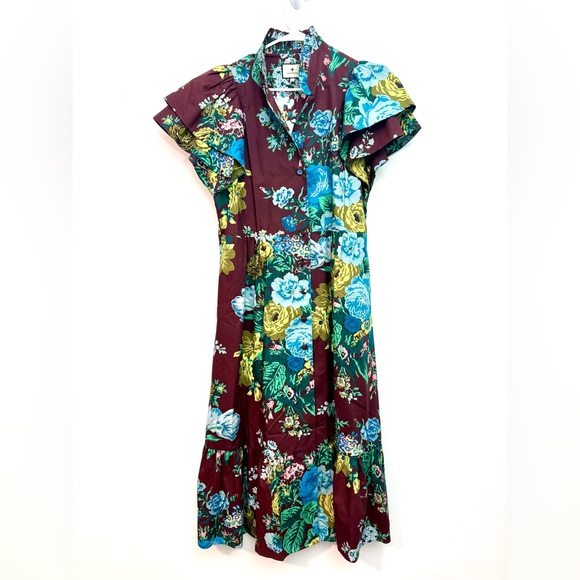 Floral Midi Dress with Ruffle Sleeves - Burgundy Floral NWT - Picture 4 of 5